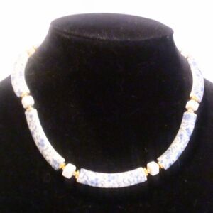 Vintage Blue and White Floral Print Curved Bar Necklace Signed Japan
